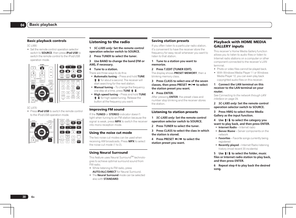 04 basic playback, Playback with home media gallery inputs, Listening to the radio | Saving station presets, Listening to station presets, Basic playback controls, Improving fm sound, Using the noise cut mode, Using neural surround | Pioneer SC-LX75 User Manual | Page 30 / 104