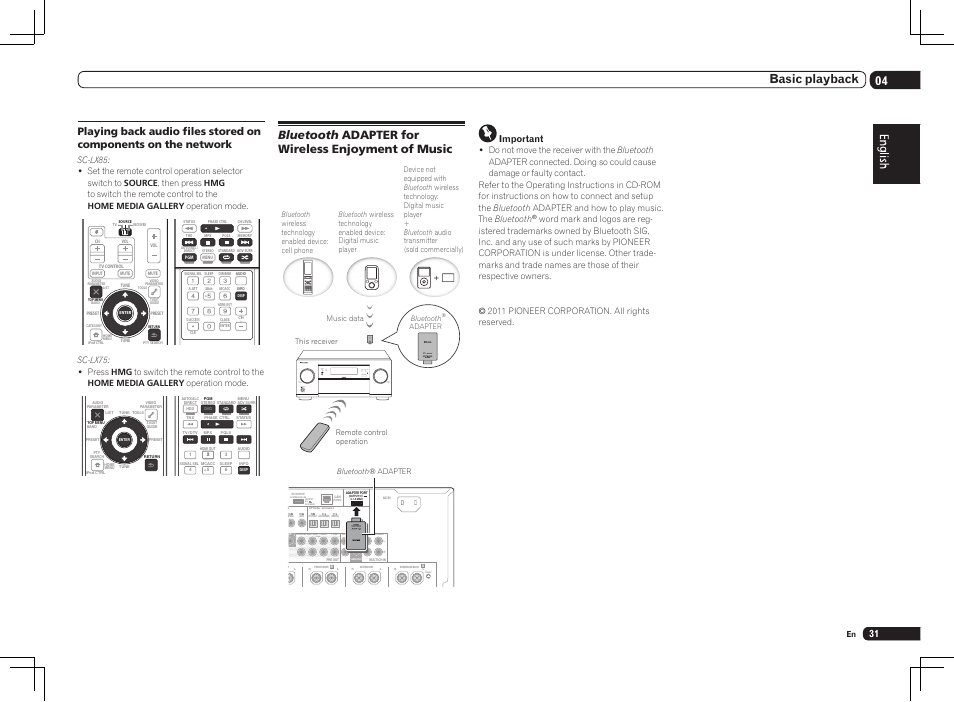 Bluetooth adapter for wireless enjoyment of music, Single), 04 basic playback | Important | Pioneer SC-LX75 User Manual | Page 31 / 104