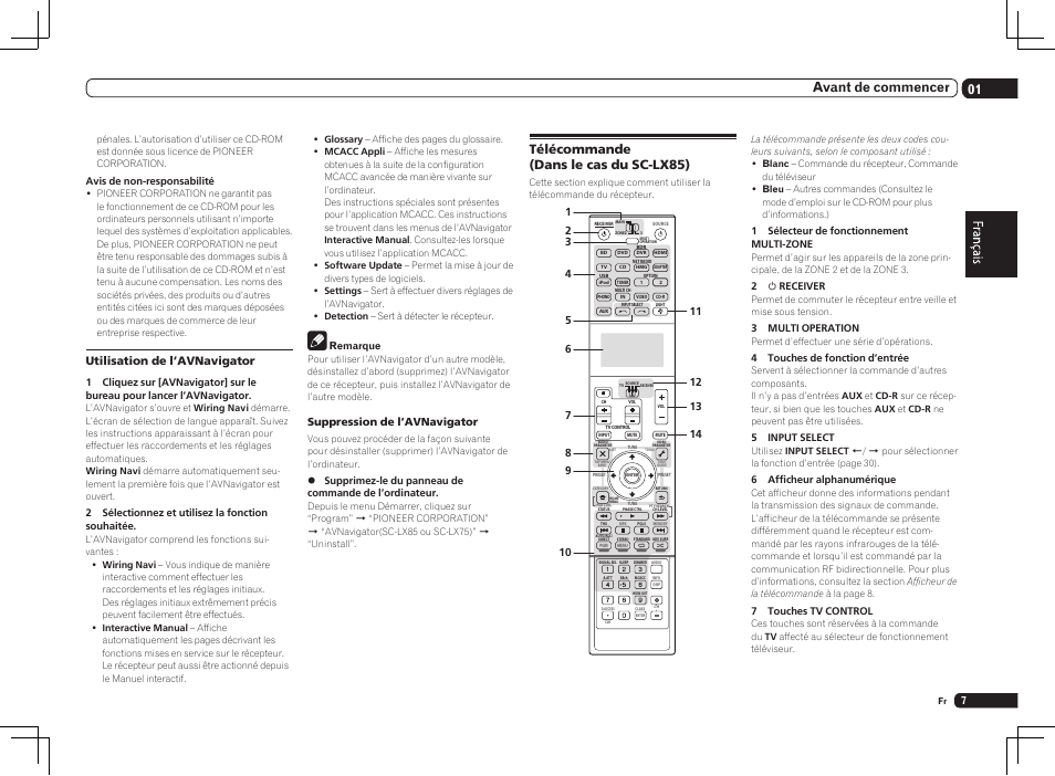 Télécommande (dans le cas du sc-lx85), 01 avant de commencer, Utilisation de l’avnavigator | Suppression de l’avnavigator | Pioneer SC-LX75 User Manual | Page 39 / 104