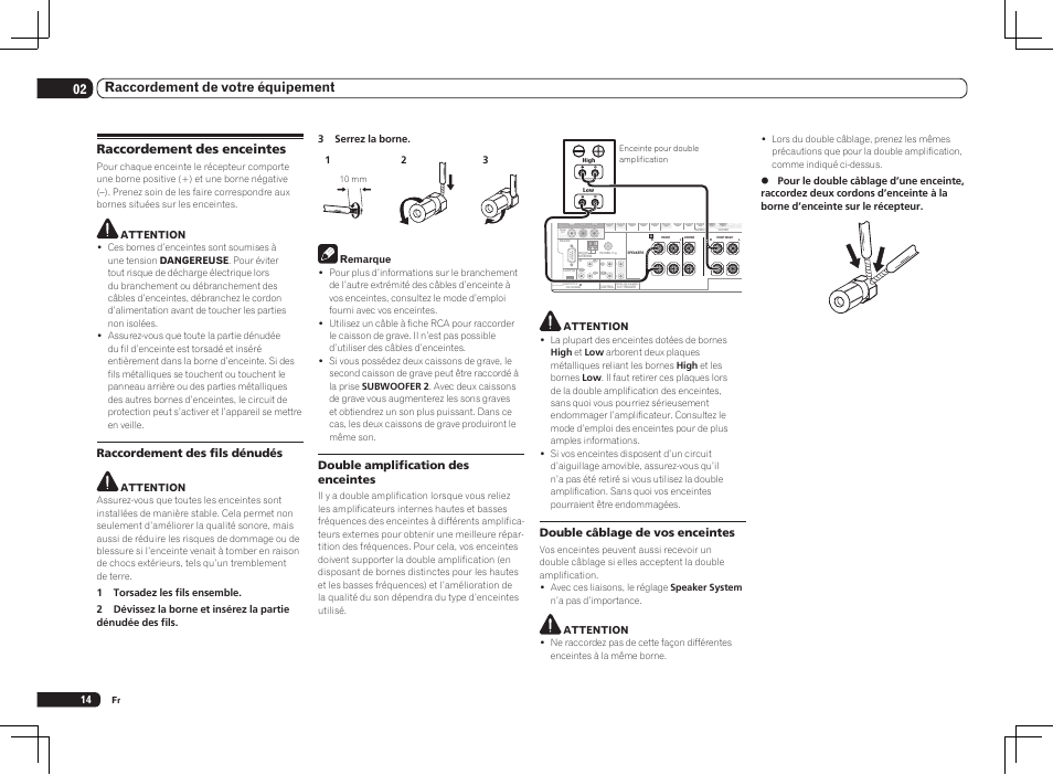 Raccordement des enceintes, 02 raccordement de votre équipement, Double câblage de vos enceintes | Raccordement des fils dénudés, Double amplification des enceintes | Pioneer SC-LX75 User Manual | Page 46 / 104