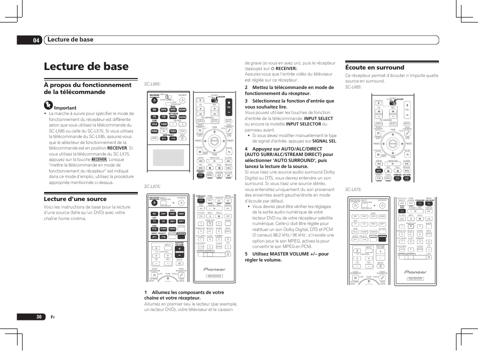 Lecture de base, 04 lecture de base, Écoute en surround | À propos du fonctionnement de la télécommande, Lecture d’une source, 5 utilisez master volume +/– pour régler le volume, Important, Sc-lx75 | Pioneer SC-LX75 User Manual | Page 62 / 104