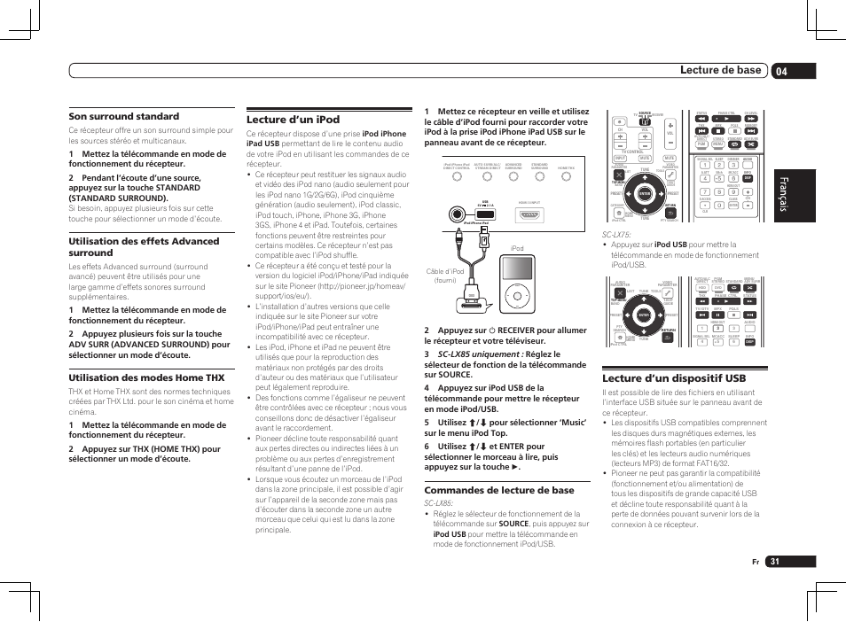 Lecture d’un ipod lecture d’un dispositif usb, Menu, 04 lecture de base | Lecture d’un ipod, Lecture d’un dispositif usb, Son surround standard, Utilisation des effets advanced surround, Utilisation des modes home thx, Commandes de lecture de base | Pioneer SC-LX75 User Manual | Page 63 / 104