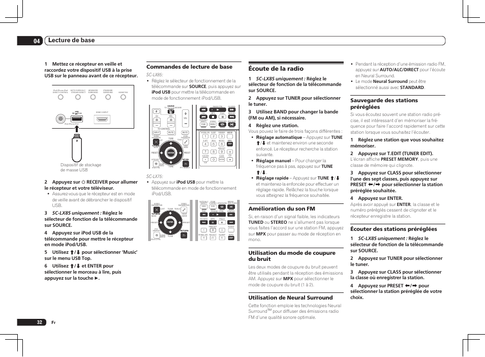 Écoute de la radio, 04 lecture de base, Amélioration du son fm | Utilisation du mode de coupure du bruit, Utilisation de neural surround, Sauvegarde des stations préréglées, Écouter des stations préréglées, Commandes de lecture de base | Pioneer SC-LX75 User Manual | Page 64 / 104
