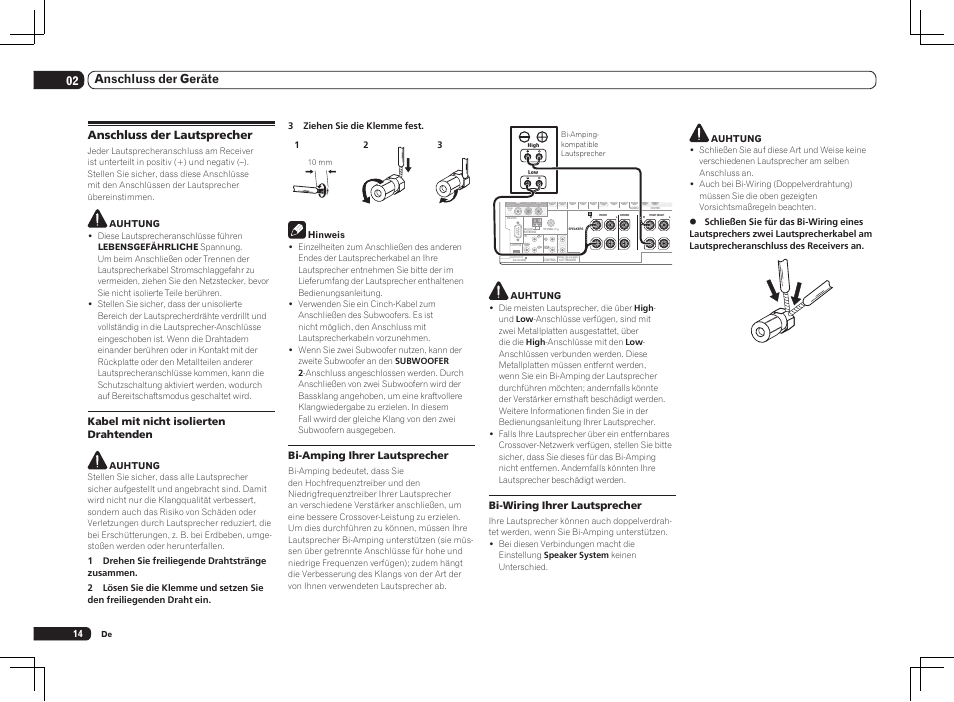 Anschluss der lautsprecher, 02 anschluss der geräte, Bi-wiring ihrer lautsprecher | Kabel mit nicht isolierten drahtenden, Bi-amping ihrer lautsprecher | Pioneer SC-LX75 User Manual | Page 80 / 104