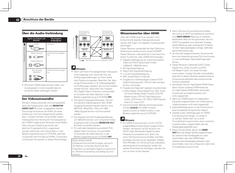 02 anschluss der geräte, Über die audio-verbindung, Der videoumwandler | Wissenswertes über hdmi | Pioneer SC-LX75 User Manual | Page 86 / 104