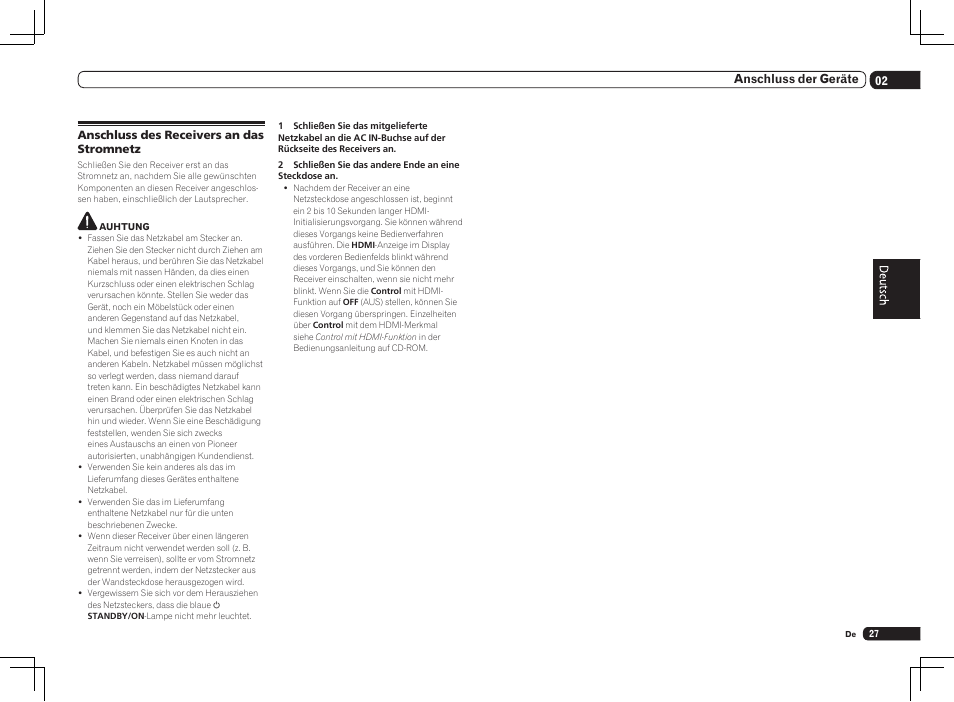 Anschluss des receivers an das stromnetz | Pioneer SC-LX75 User Manual | Page 93 / 104