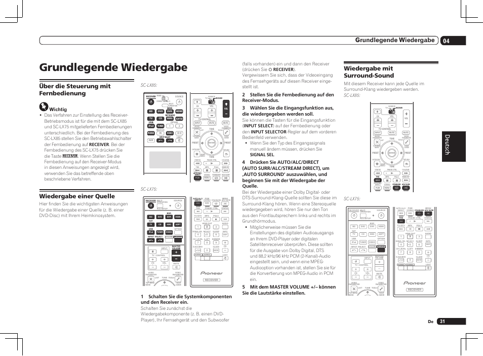 Grundlegende wiedergabe, 04 grundlegende wiedergabe, Über die steuerung mit fernbedienung | Wiedergabe einer quelle, Wiedergabe mit surround-sound, Wichtig, Sc-lx75 | Pioneer SC-LX75 User Manual | Page 97 / 104