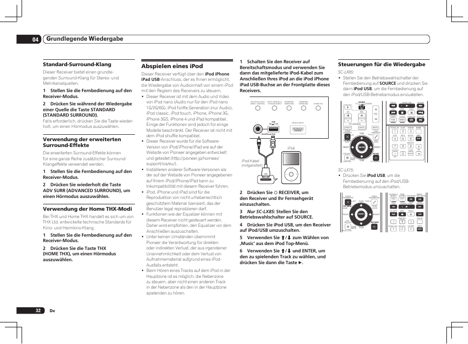 Abspielen eines ipod, Menu, 04 grundlegende wiedergabe | Steuerungen für die wiedergabe, Standard-surround-klang, Verwendung der erweiterten surround-effekte, Verwendung der home thx-modi | Pioneer SC-LX75 User Manual | Page 98 / 104