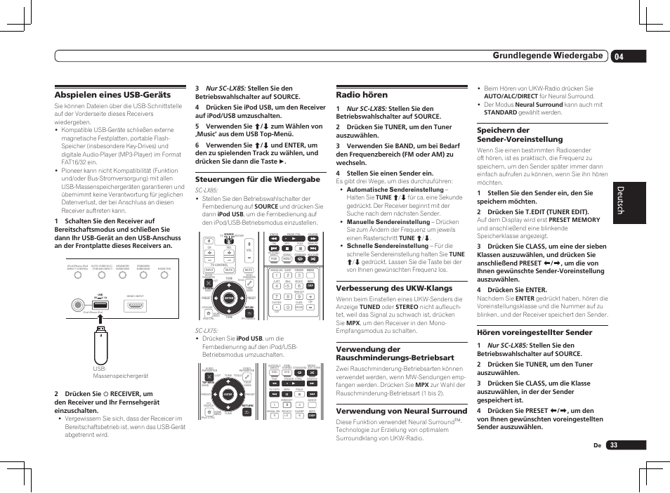 Abspielen eines usb-geräts radio hören, 04 grundlegende wiedergabe, Abspielen eines usb-geräts | Radio hören, Steuerungen für die wiedergabe, Verbesserung des ukw-klangs, Verwendung der rauschminderungs-betriebsart, Verwendung von neural surround, Speichern der sender-voreinstellung, Hören voreingestellter sender | Pioneer SC-LX75 User Manual | Page 99 / 104