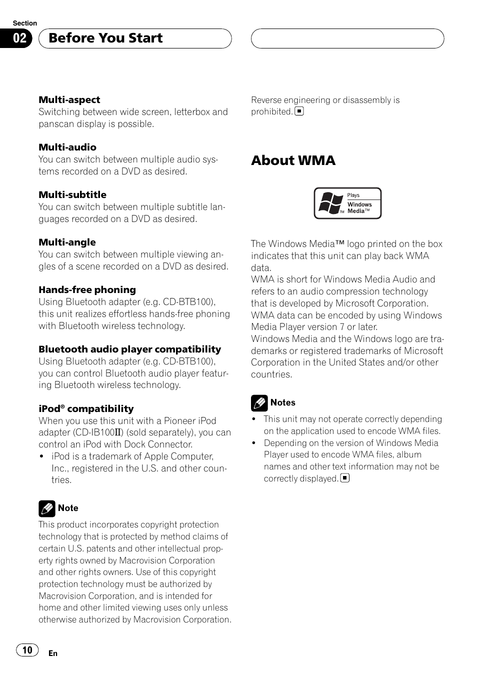 About wma, Before you start | Pioneer AVH-P6800DVD User Manual | Page 10 / 120