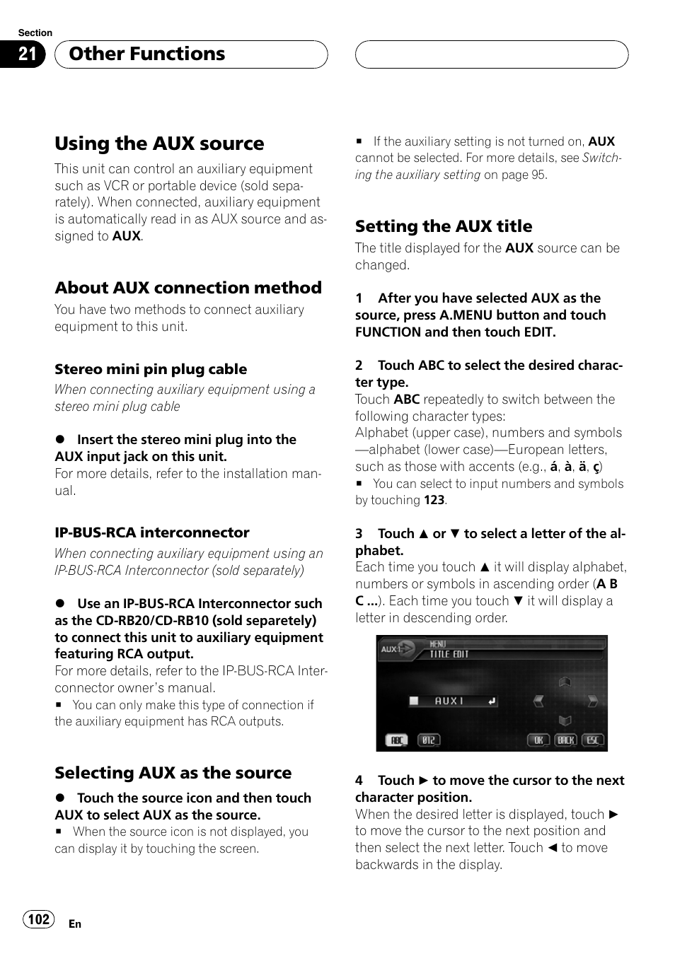 Using the aux source, Other functions, About aux connection method | Selecting aux as the source, Setting the aux title | Pioneer AVH-P6800DVD User Manual | Page 102 / 120
