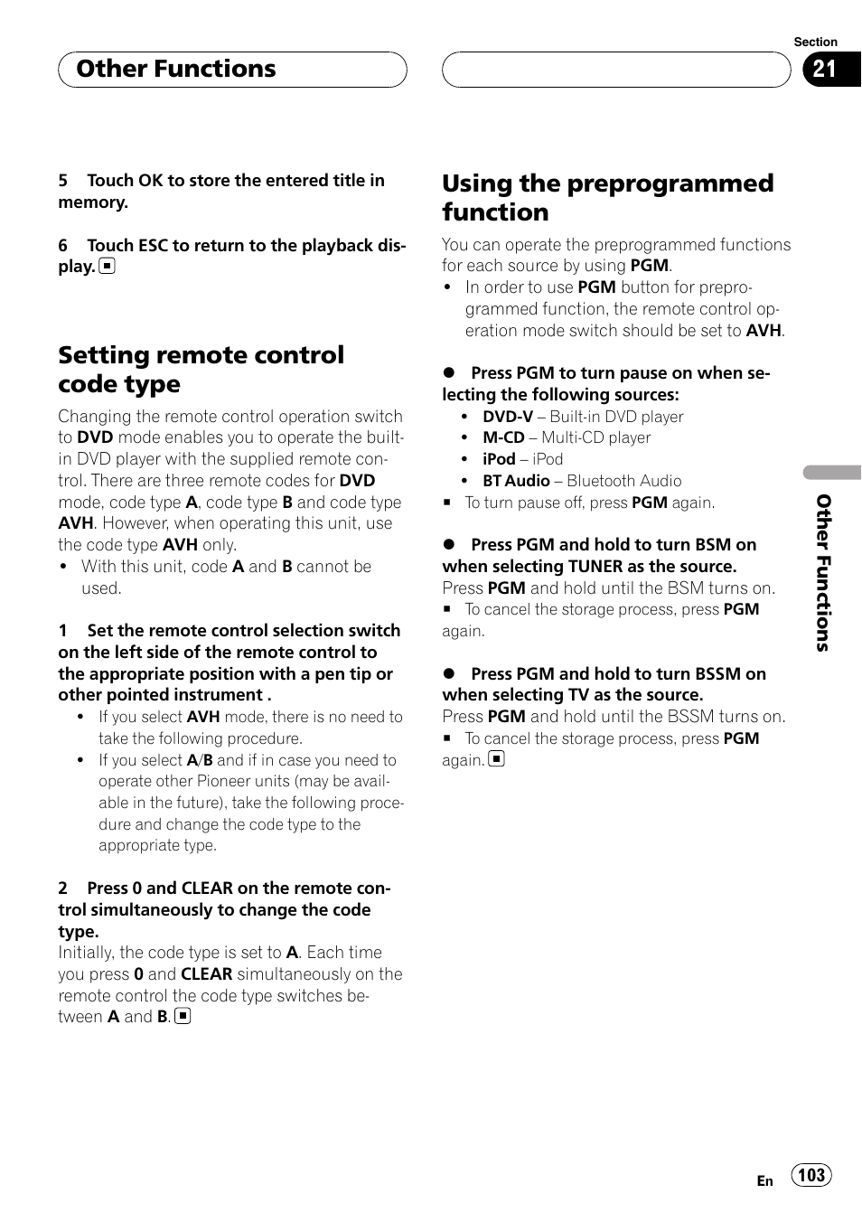 Setting remote control code type, Using the preprogrammed function, Other functions | Pioneer AVH-P6800DVD User Manual | Page 103 / 120