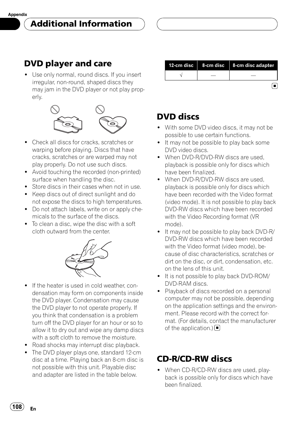 Dvd player and care, Dvd discs, Cd-r/cd-rw discs | Additional information | Pioneer AVH-P6800DVD User Manual | Page 108 / 120
