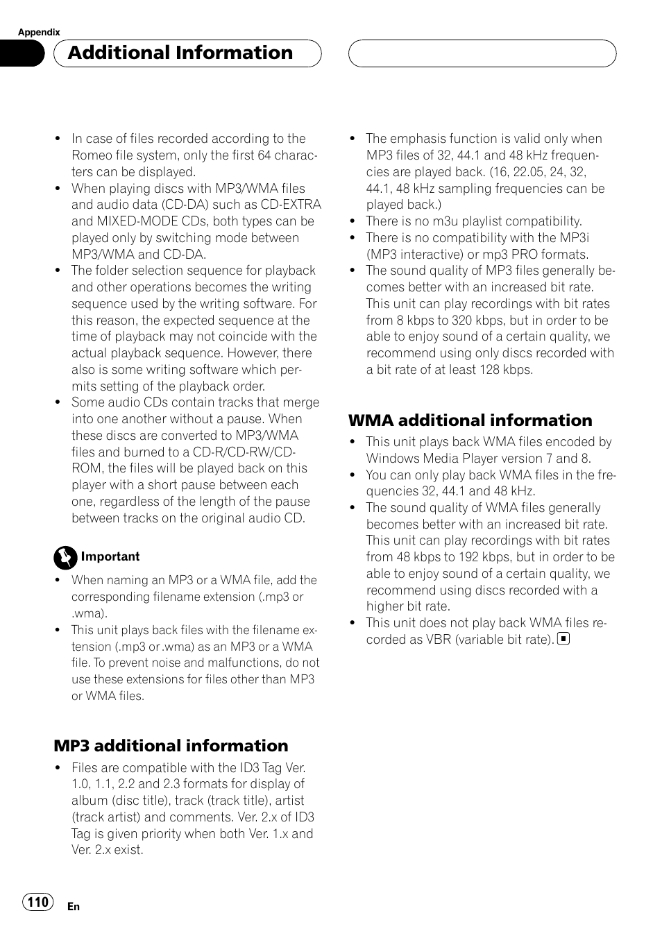 Additional information, Mp3 additional information, Wma additional information | Pioneer AVH-P6800DVD User Manual | Page 110 / 120