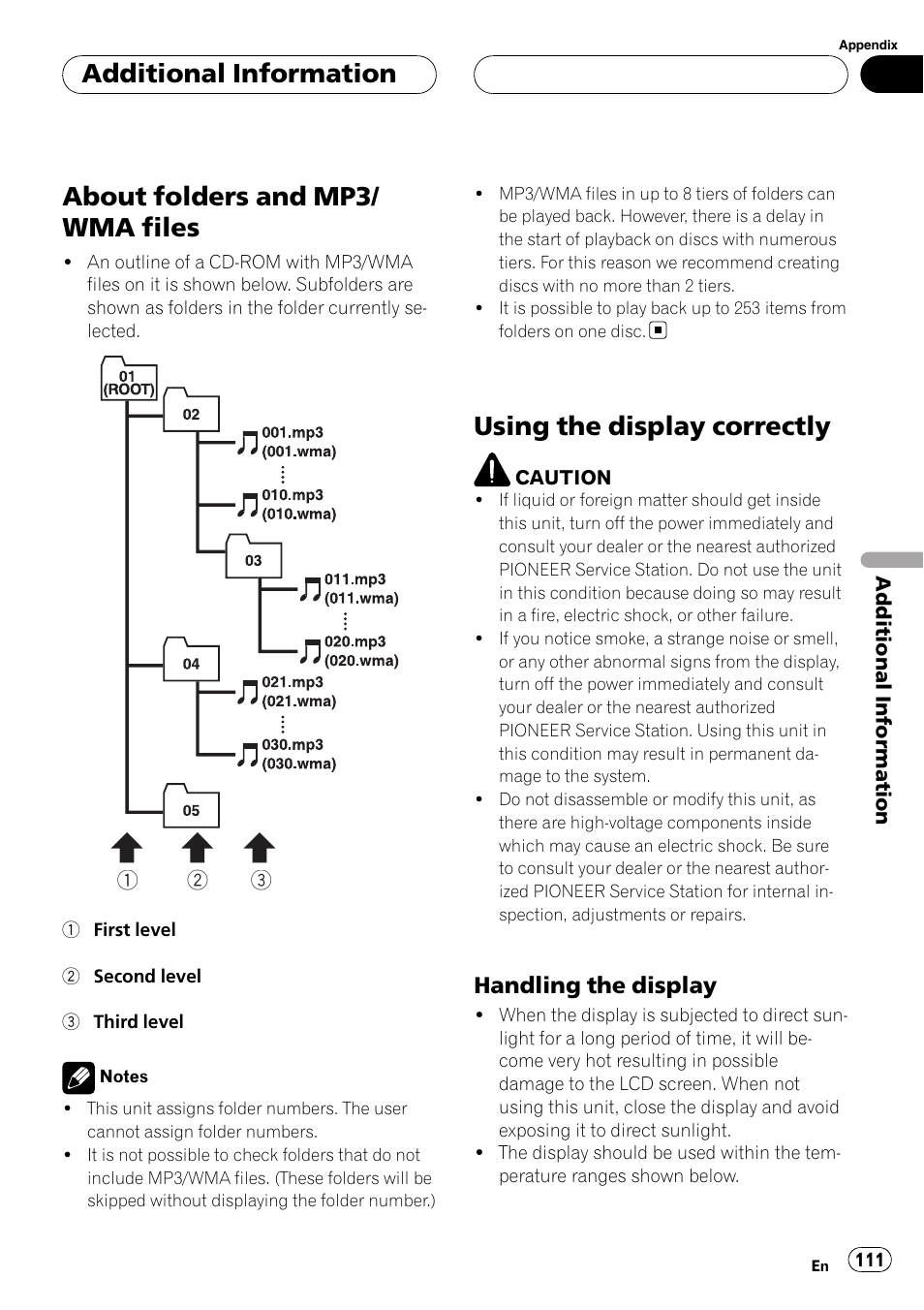 About folders and mp3/wma files, Using the display correctly, About folders and mp3/ wma files | Additional information, Handling the display | Pioneer AVH-P6800DVD User Manual | Page 111 / 120