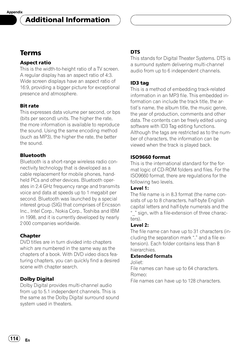 Terms, Additional information | Pioneer AVH-P6800DVD User Manual | Page 114 / 120