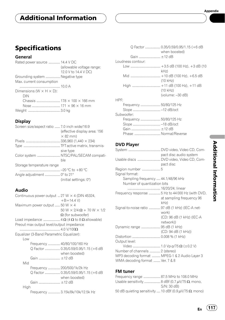 Specifications, Additional information | Pioneer AVH-P6800DVD User Manual | Page 117 / 120