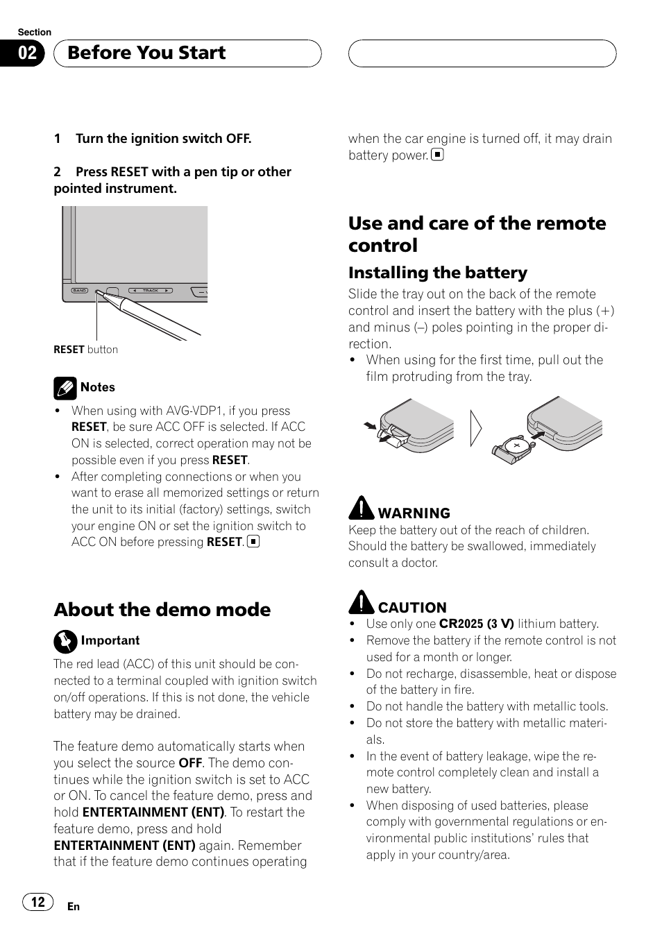 About the demo mode, Use and care of the remote control, Before you start | Installing the battery | Pioneer AVH-P6800DVD User Manual | Page 12 / 120