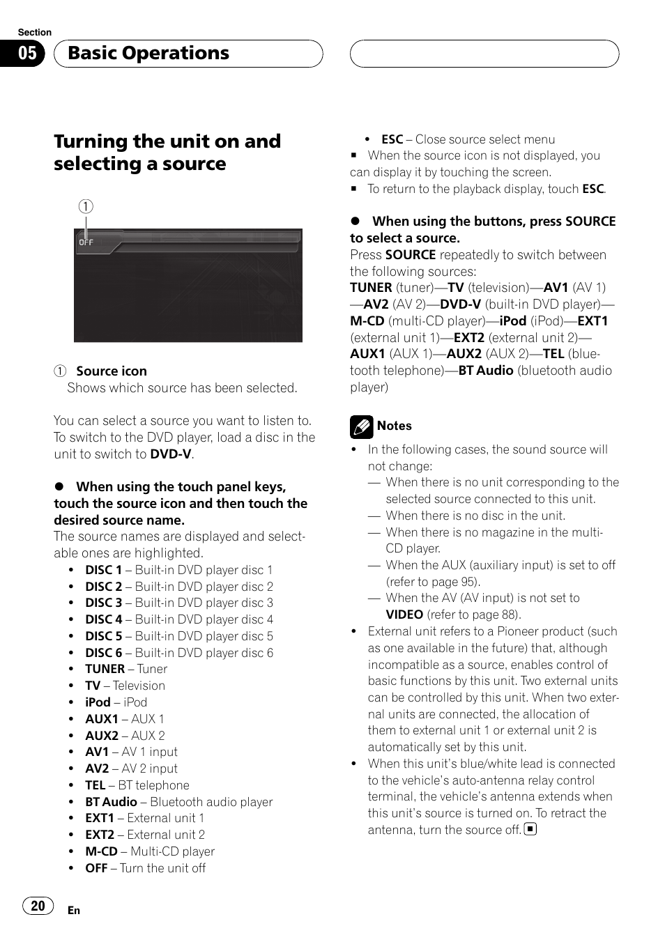 Source, Turning the unit on and selecting a source, Basic operations | Pioneer AVH-P6800DVD User Manual | Page 20 / 120