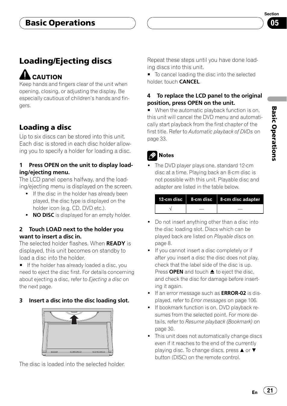 Loading/ejecting discs, Basic operations, Loading a disc | Pioneer AVH-P6800DVD User Manual | Page 21 / 120