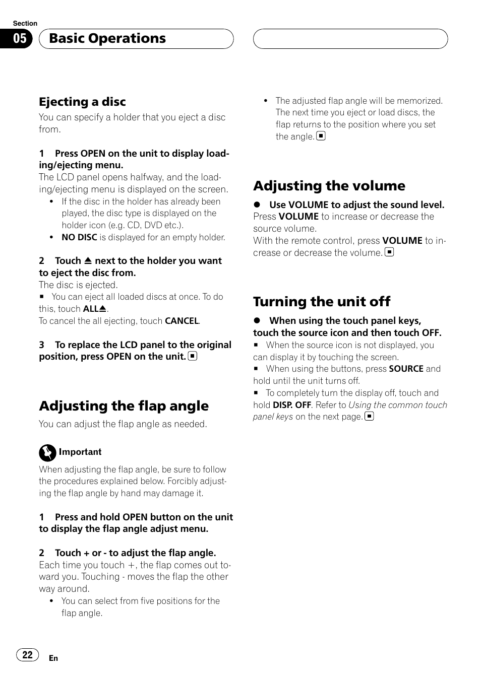 Adjusting the flap angle, Adjusting the volume, Turning the unit off | Basic operations, Ejecting a disc | Pioneer AVH-P6800DVD User Manual | Page 22 / 120