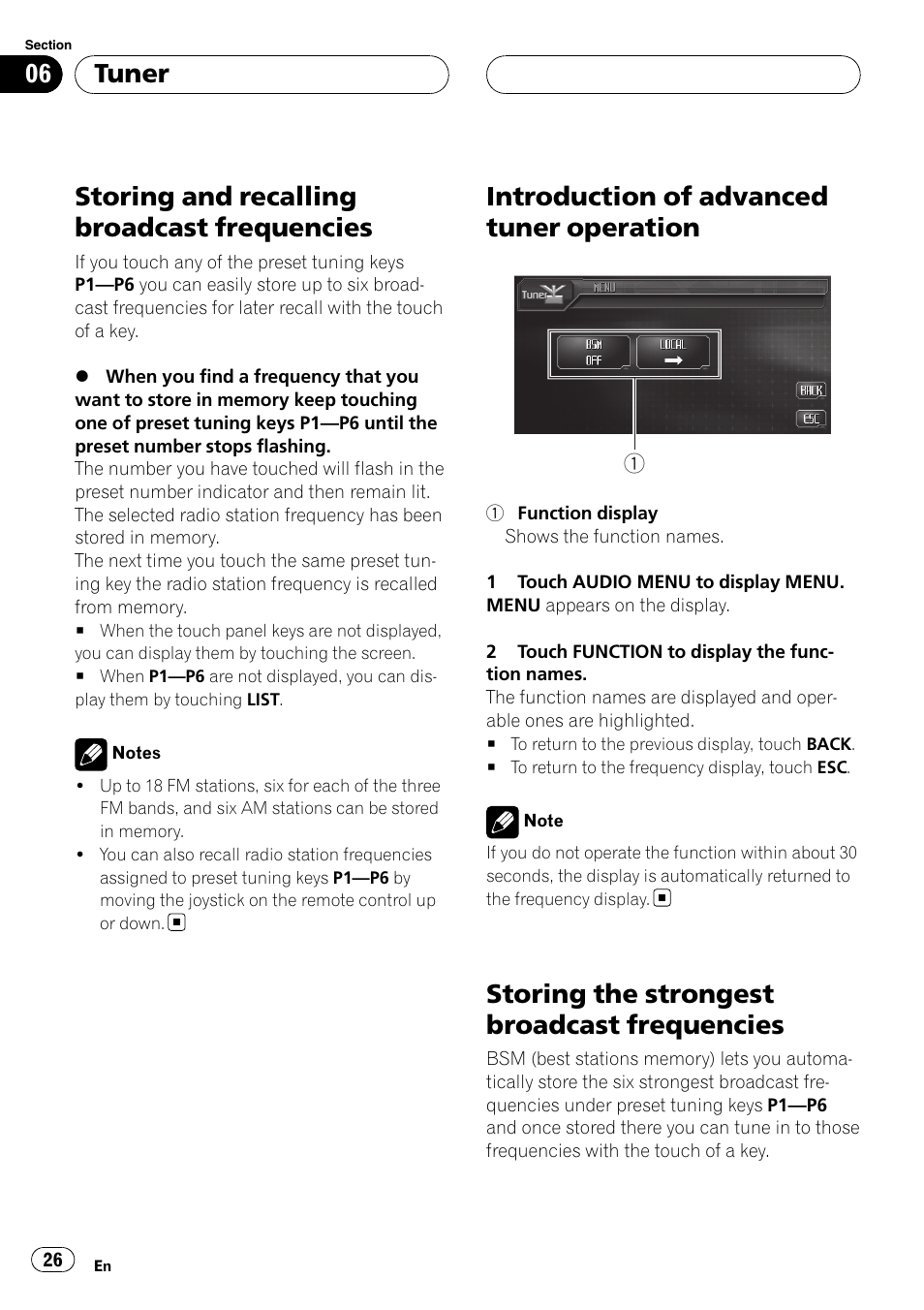 Storing and recalling broadcast, Frequencies, Introduction of advanced tuner | Operation, Storing the strongest broadcast, Storing and recalling broadcast frequencies, Introduction of advanced tuner operation, Storing the strongest broadcast frequencies, Tuner | Pioneer AVH-P6800DVD User Manual | Page 26 / 120