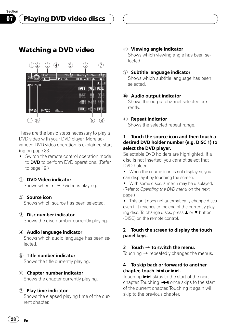 Playing dvd video discs watching a dvd video, Watching a dvd video, Playing dvd video discs | Pioneer AVH-P6800DVD User Manual | Page 28 / 120