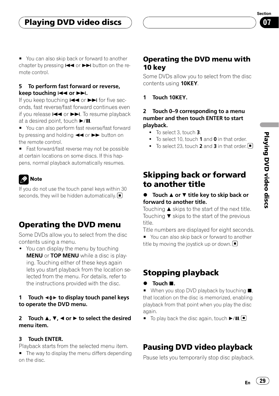 Operating the dvd menu, Skipping back or forward to another title, Stopping playback | Pausing dvd video playback, Playing dvd video discs | Pioneer AVH-P6800DVD User Manual | Page 29 / 120