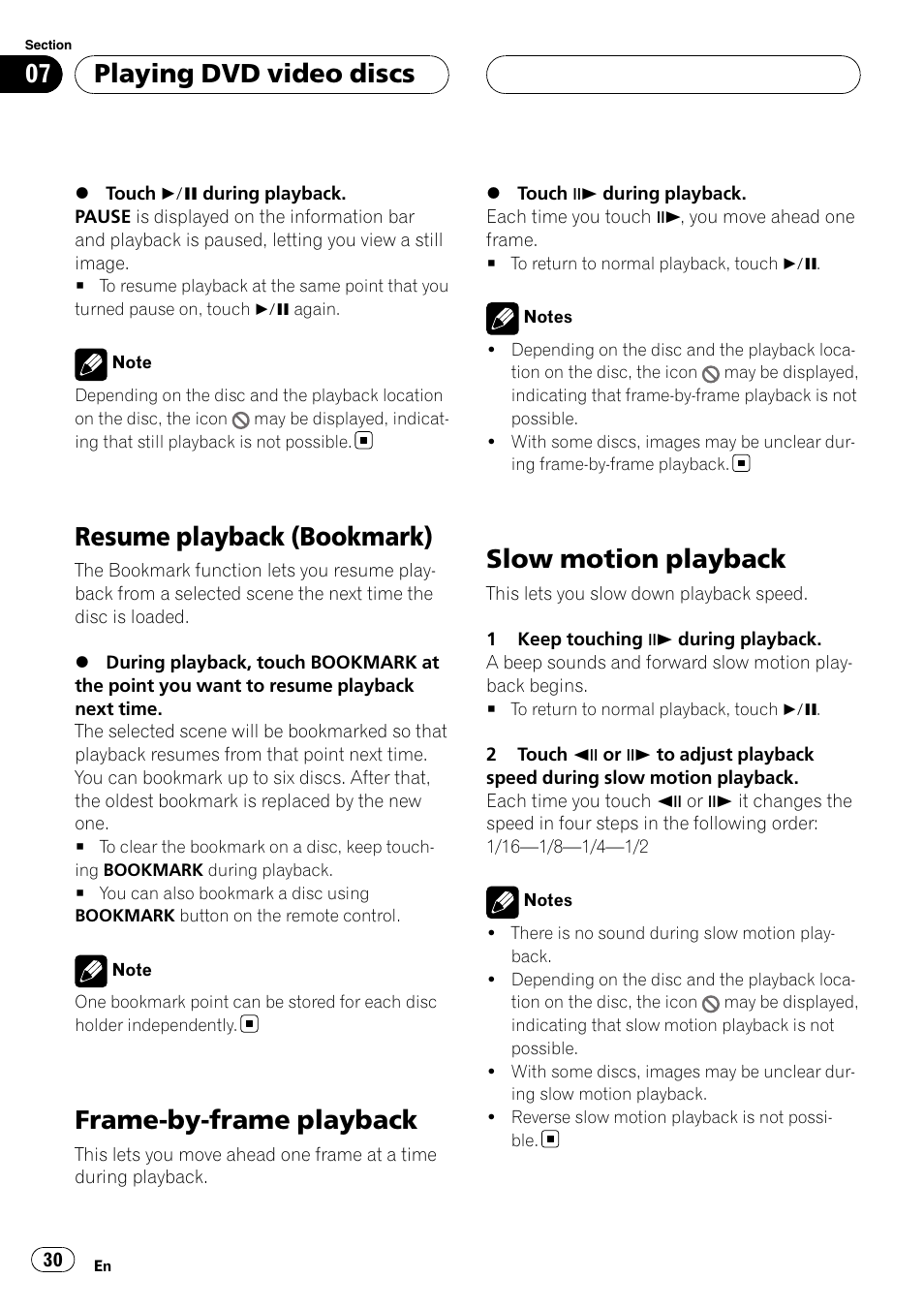 Resume playback (bookmark), Frame-by-frame playback, Slow motion playback | Playing dvd video discs | Pioneer AVH-P6800DVD User Manual | Page 30 / 120