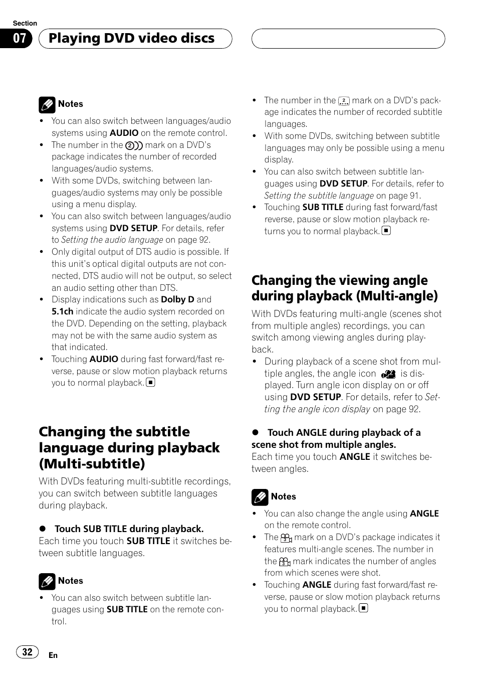 Changing the subtitle language during, Playback (multi-subtitle), Changing the viewing angle during playback | Multi-angle), Playing dvd video discs | Pioneer AVH-P6800DVD User Manual | Page 32 / 120
