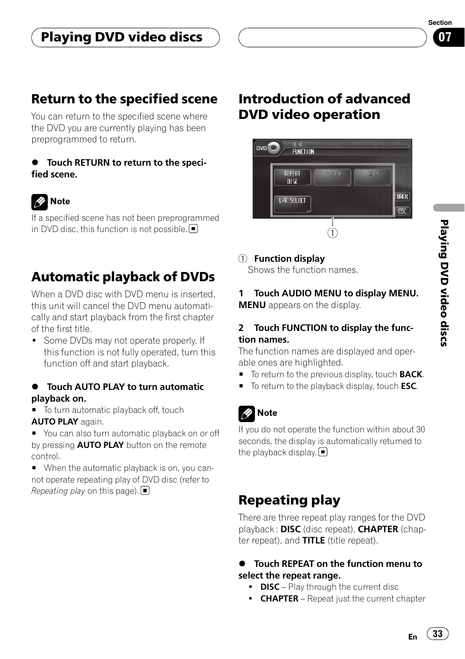 Return to the specified scene, Automatic playback of dvds, Introduction of advanced dvd video | Operation, Repeating play, Introduction of advanced dvd video operation, Playing dvd video discs | Pioneer AVH-P6800DVD User Manual | Page 33 / 120