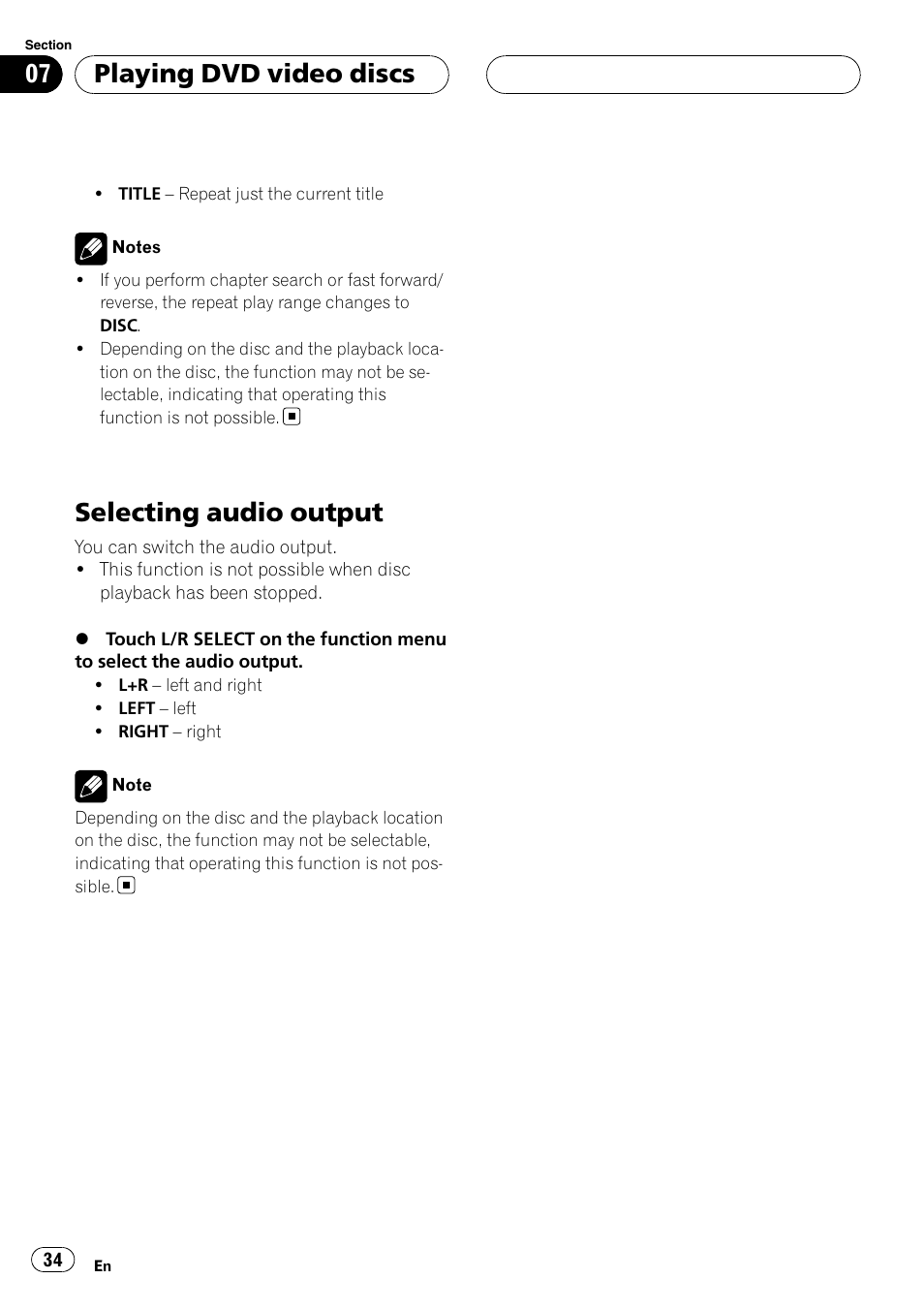 Selecting audio output, Playing dvd video discs | Pioneer AVH-P6800DVD User Manual | Page 34 / 120