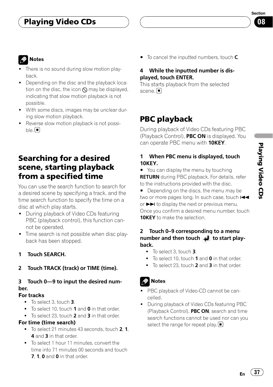 Searching for a desired scene, starting, Playback from a specified time, Pbc playback | Playing video cds | Pioneer AVH-P6800DVD User Manual | Page 37 / 120