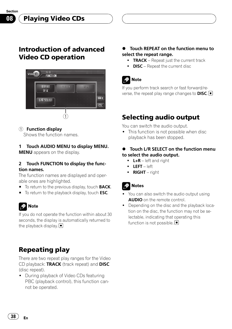 Introduction of advanced video cd, Operation, Repeating play | Selecting audio output, Introduction of advanced video cd operation, Playing video cds | Pioneer AVH-P6800DVD User Manual | Page 38 / 120