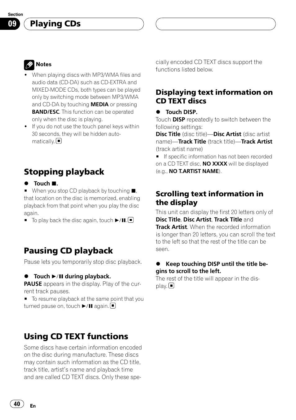 Stopping playback, Pausing cd playback, Using cd text functions | Playing cds | Pioneer AVH-P6800DVD User Manual | Page 40 / 120