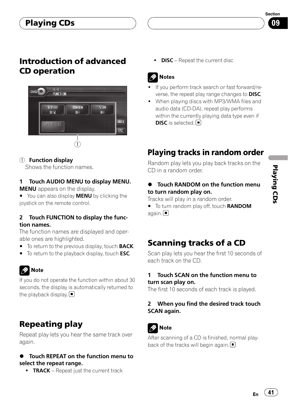 Introduction of advanced cd operation, Repeating play, Playing tracks in random order | Scanning tracks of a cd, Playing cds | Pioneer AVH-P6800DVD User Manual | Page 41 / 120