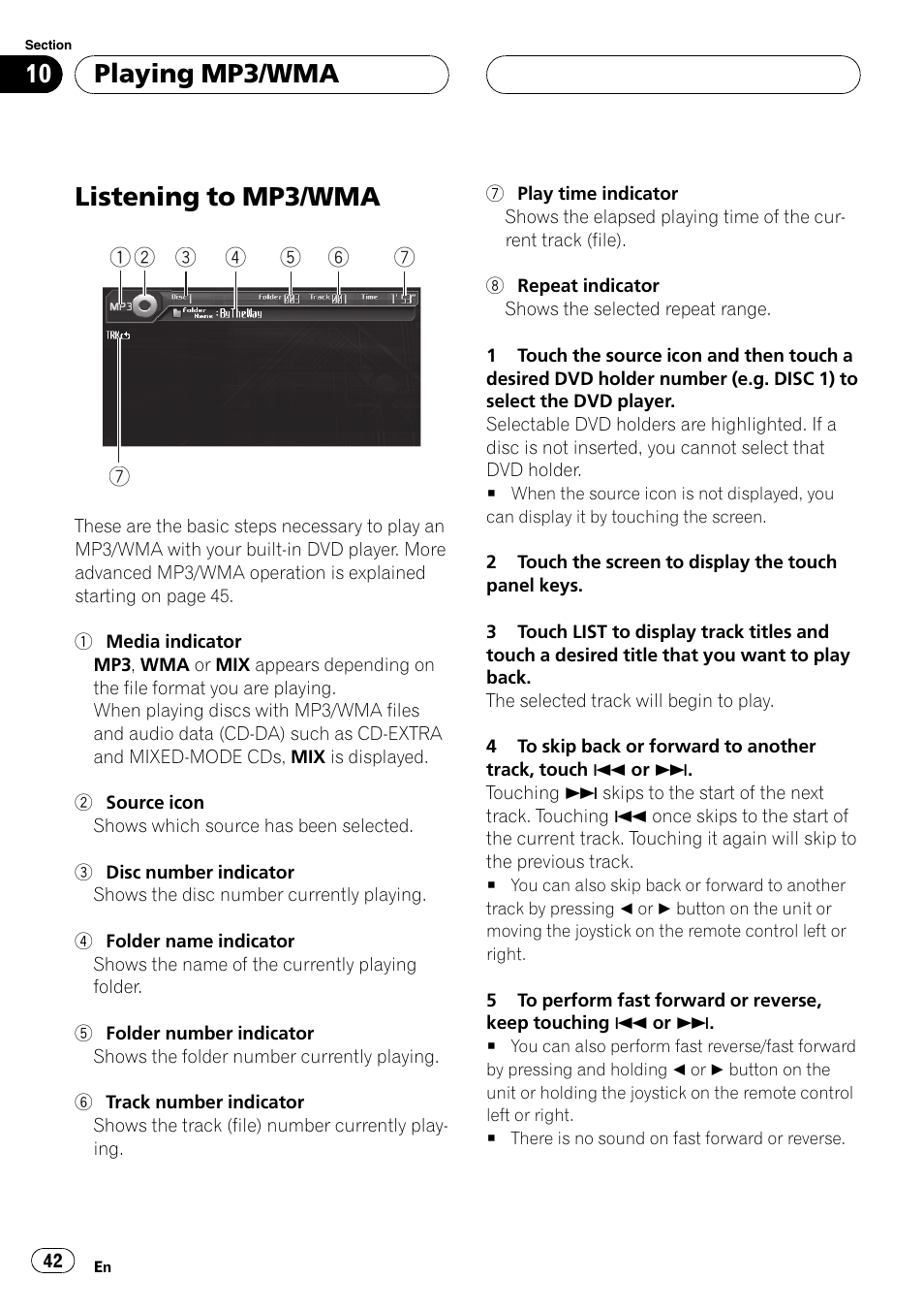 Playing mp3/wma listening to mp3/wma, Listening to mp3/wma, Playing mp3/wma | Pioneer AVH-P6800DVD User Manual | Page 42 / 120
