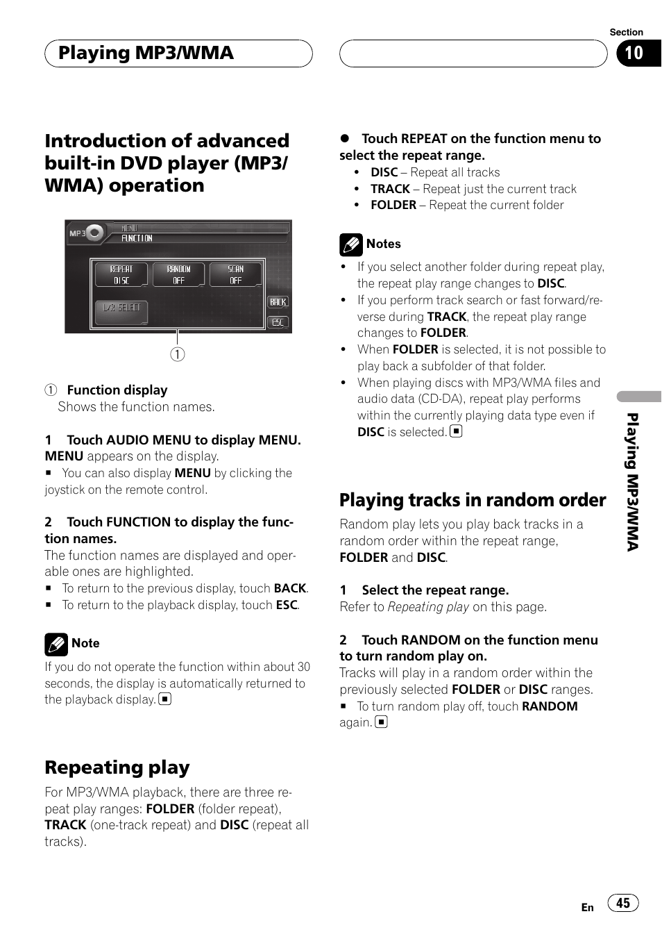 Introduction of advanced built-in dvd player, Mp3/wma) operation, Repeating play | Playing tracks in random order, Playing mp3/wma | Pioneer AVH-P6800DVD User Manual | Page 45 / 120
