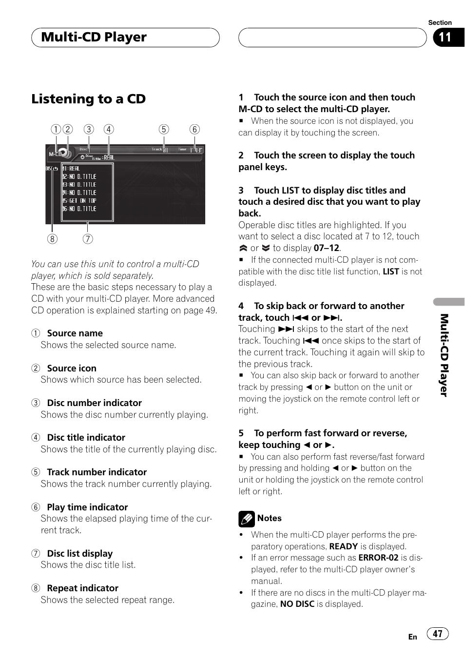 Multi-cd player listening to a cd, Listening to a cd, Multi-cd player | Pioneer AVH-P6800DVD User Manual | Page 47 / 120