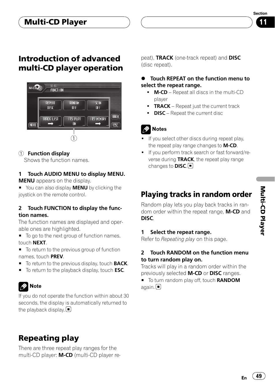 Introduction of advanced multi-cd player, Operation, Repeating play | Playing tracks in random order, Introduction of advanced multi-cd player operation, Multi-cd player | Pioneer AVH-P6800DVD User Manual | Page 49 / 120