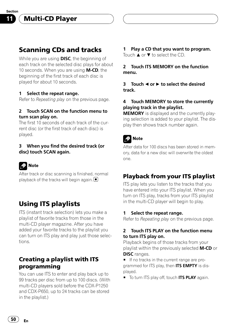 Scanning cds and tracks, Using its playlists, Multi-cd player | Creating a playlist with its programming, Playback from your its playlist | Pioneer AVH-P6800DVD User Manual | Page 50 / 120