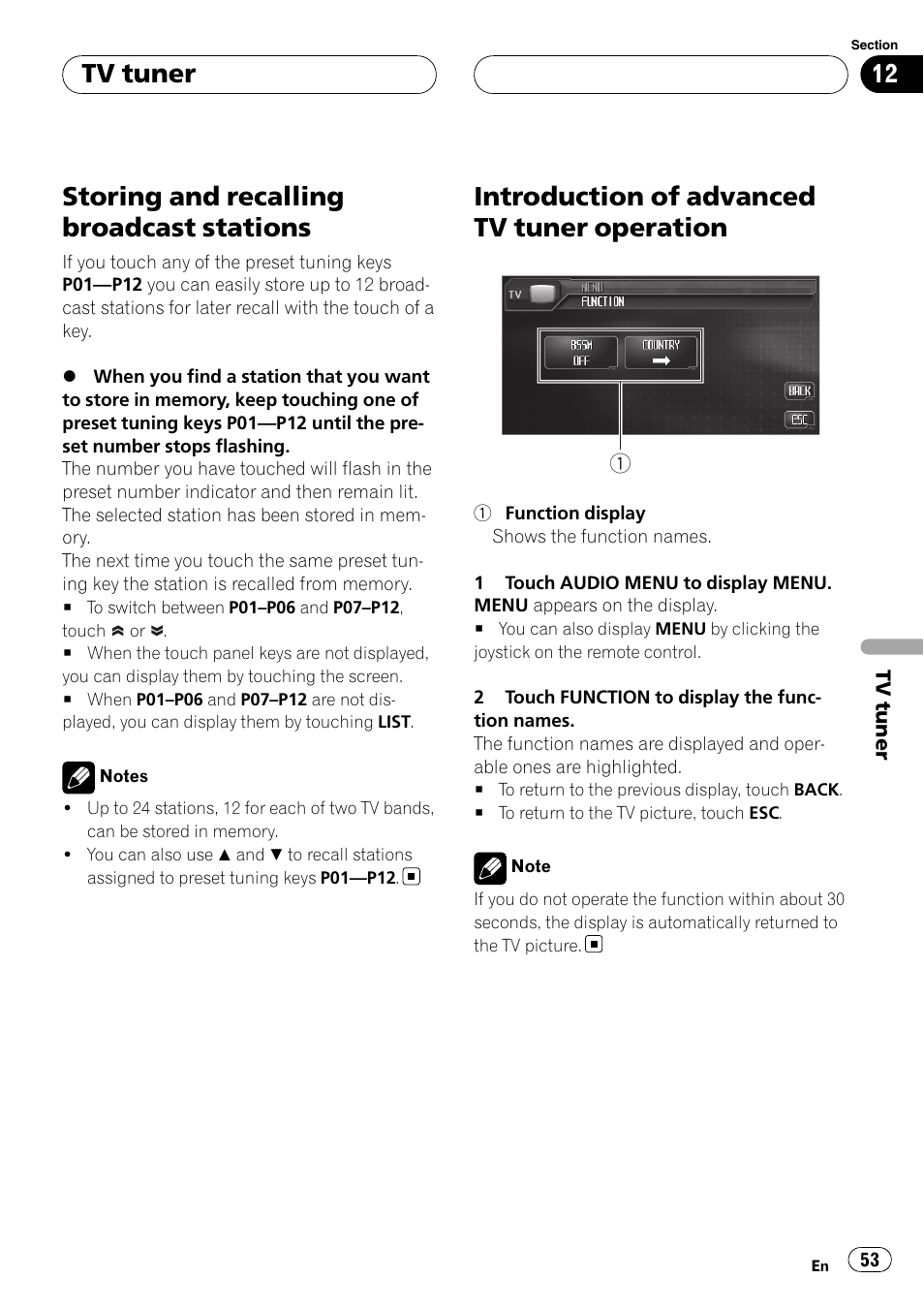 Storing and recalling broadcast stations, Introduction of advanced tv tuner, Operation | Introduction of advanced tv tuner operation, Tv tuner | Pioneer AVH-P6800DVD User Manual | Page 53 / 120