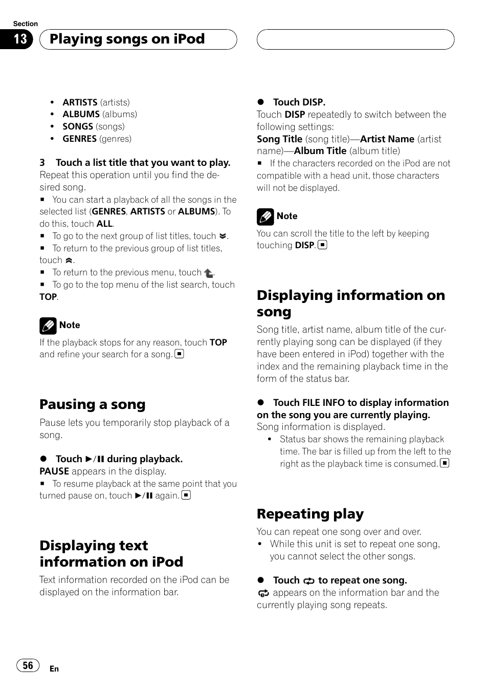 Pausing a song, Displaying text information on ipod, Displaying information on song | Repeating play, Playing songs on ipod | Pioneer AVH-P6800DVD User Manual | Page 56 / 120