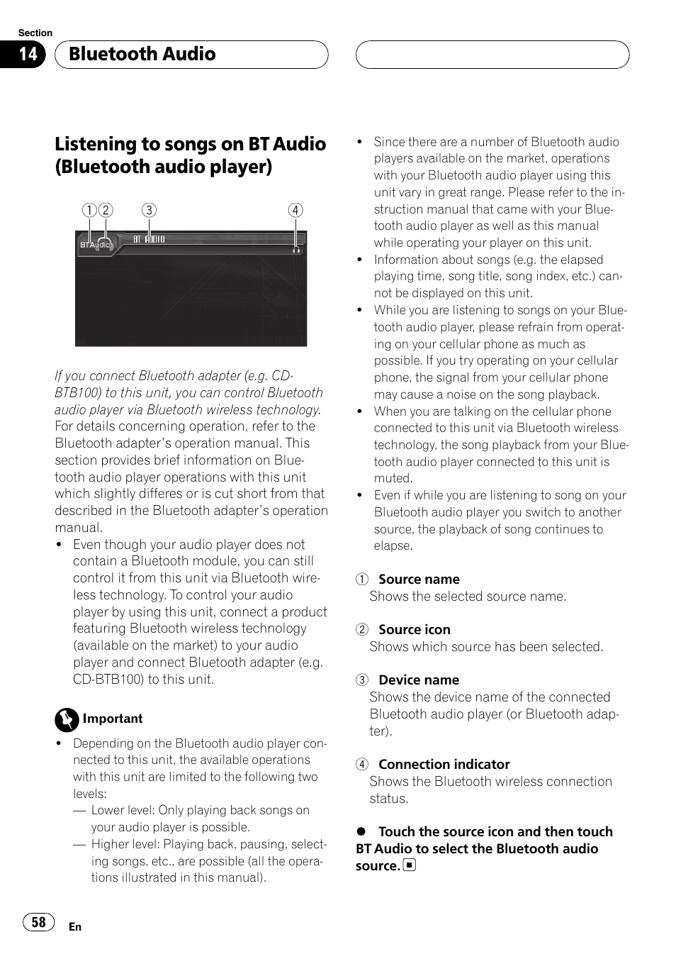 Audio player), Bluetooth audio | Pioneer AVH-P6800DVD User Manual | Page 58 / 120