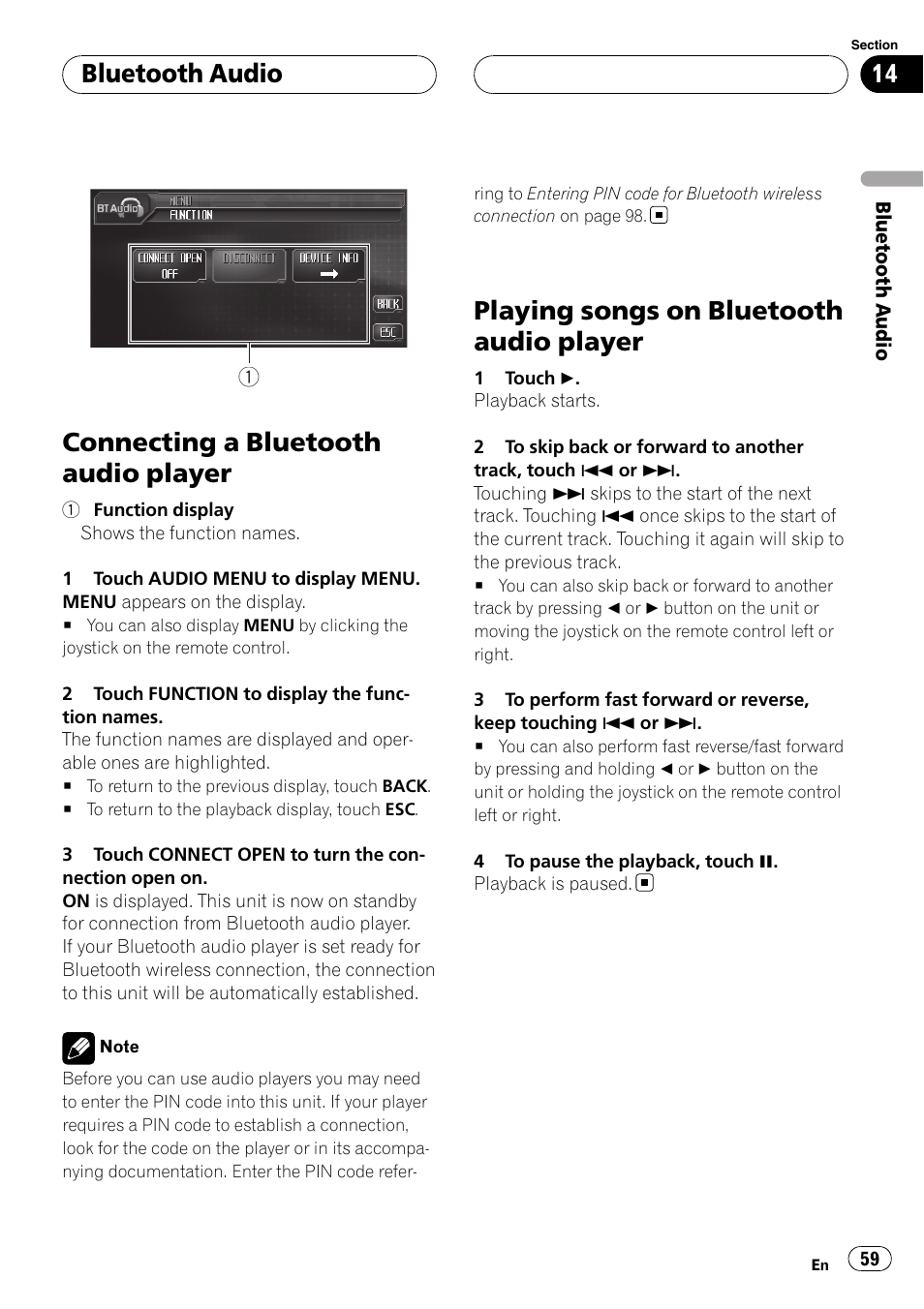 Connecting a bluetooth audio player, Playing songs on bluetooth audio player, Bluetooth audio | Pioneer AVH-P6800DVD User Manual | Page 59 / 120