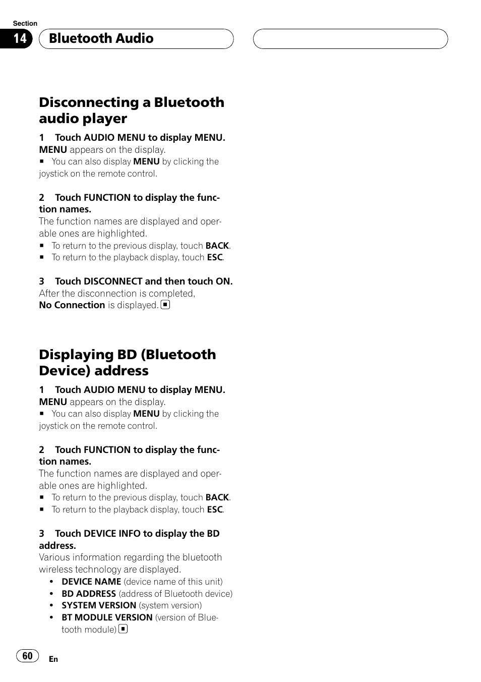 Disconnecting a bluetooth audio player, Displaying bd (bluetooth device), Address | Displaying bd (bluetooth device) address, Bluetooth audio | Pioneer AVH-P6800DVD User Manual | Page 60 / 120