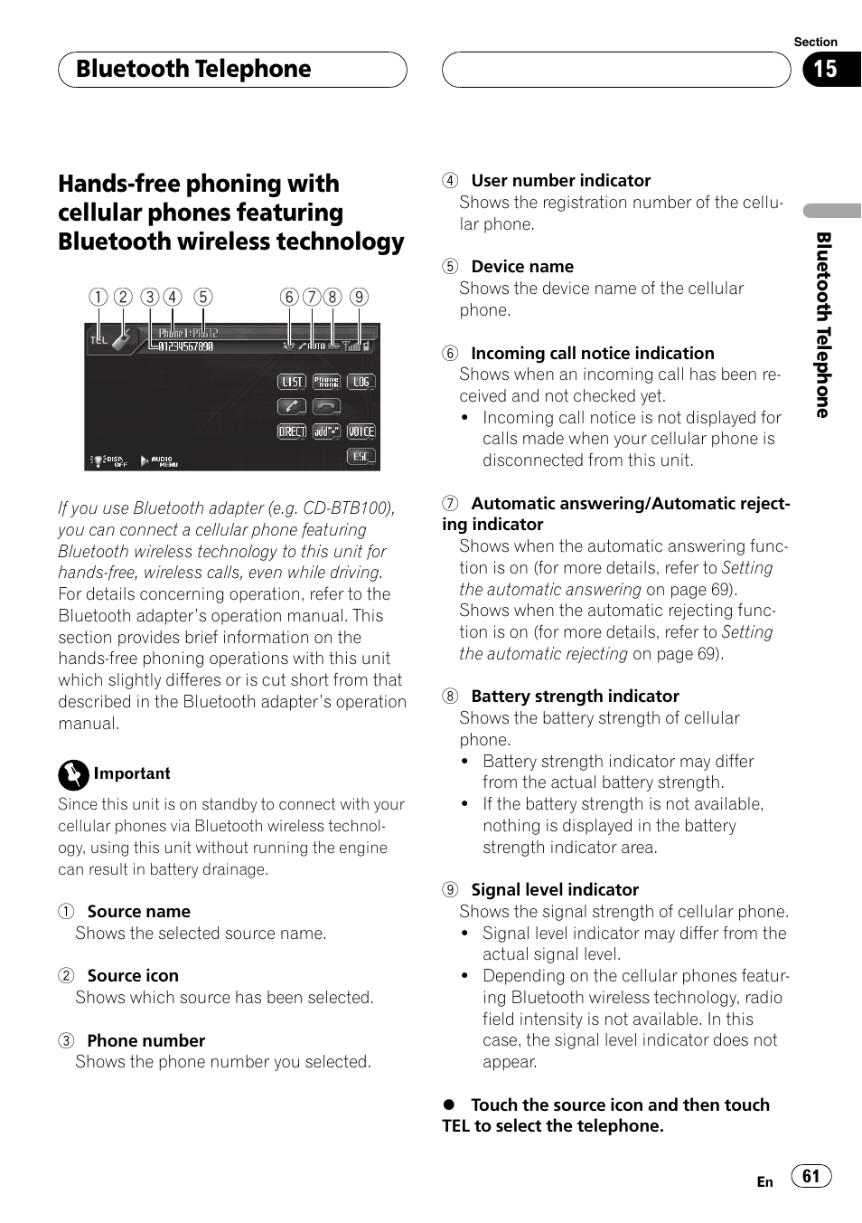 Featuring bluetooth wireless technology, Bluetooth telephone | Pioneer AVH-P6800DVD User Manual | Page 61 / 120