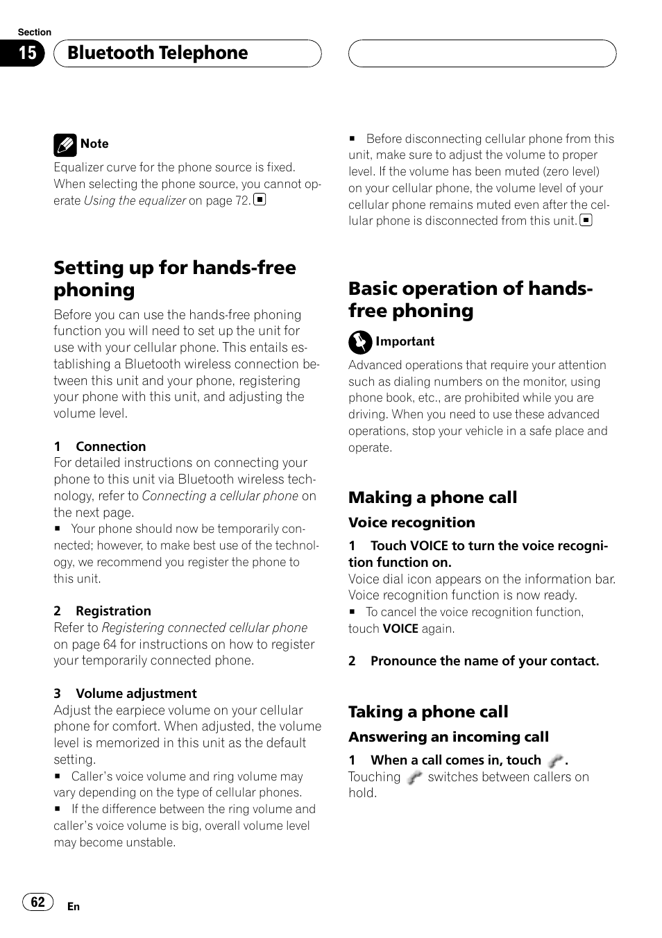 Setting up for hands-free phoning, Basic operation of hands-free phoning, Basic operation of hands- free phoning | Bluetooth telephone, Making a phone call, Taking a phone call | Pioneer AVH-P6800DVD User Manual | Page 62 / 120
