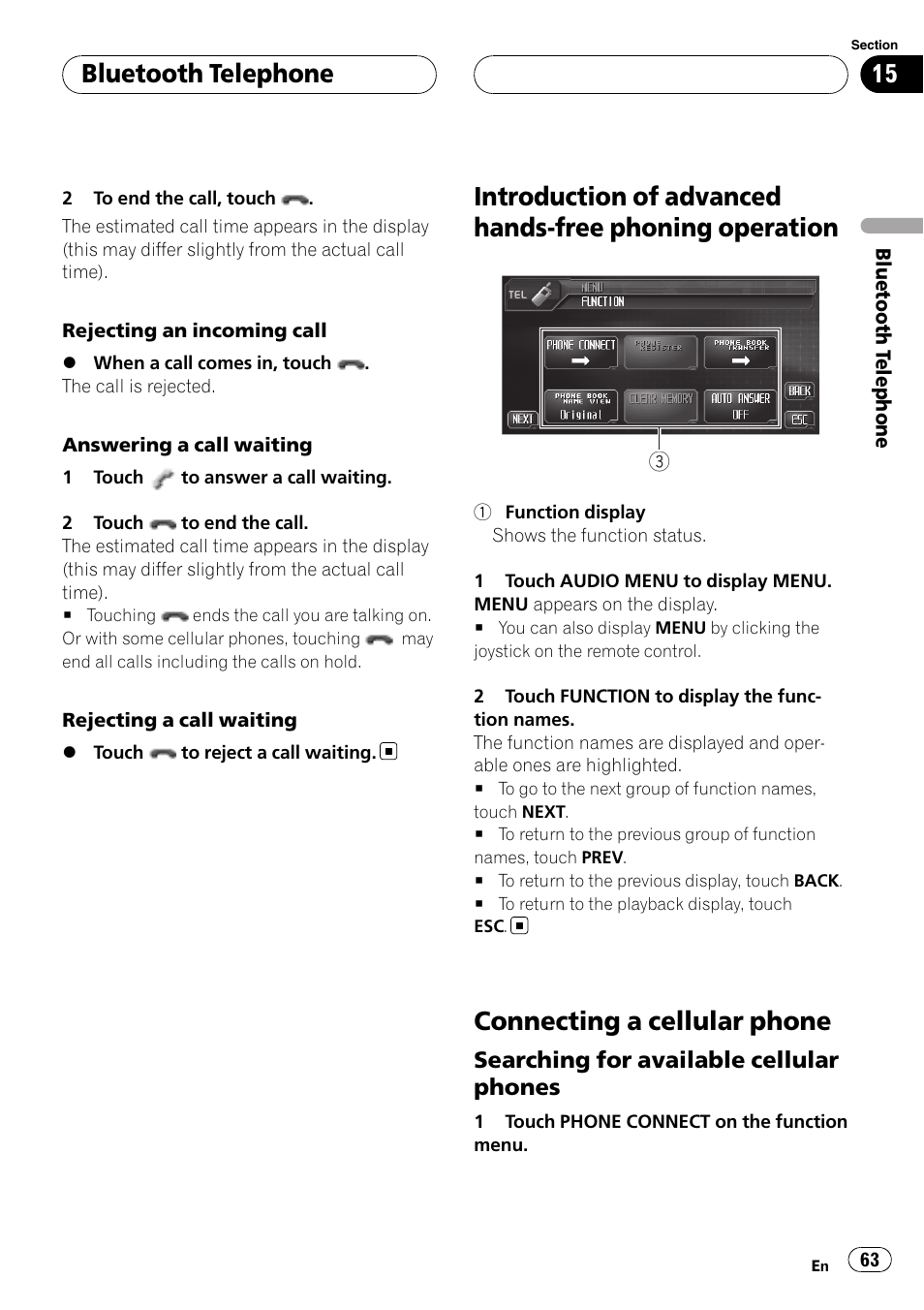 Introduction of advanced hands-free phoning, Operation, Connecting a cellular phone | Bluetooth telephone | Pioneer AVH-P6800DVD User Manual | Page 63 / 120