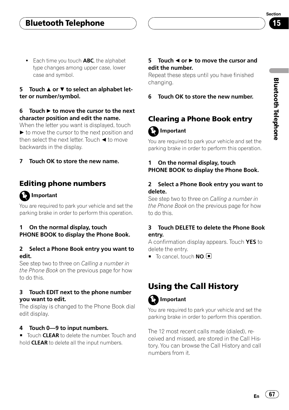 Using the call history, Bluetooth telephone, Editing phone numbers | Clearing a phone book entry | Pioneer AVH-P6800DVD User Manual | Page 67 / 120